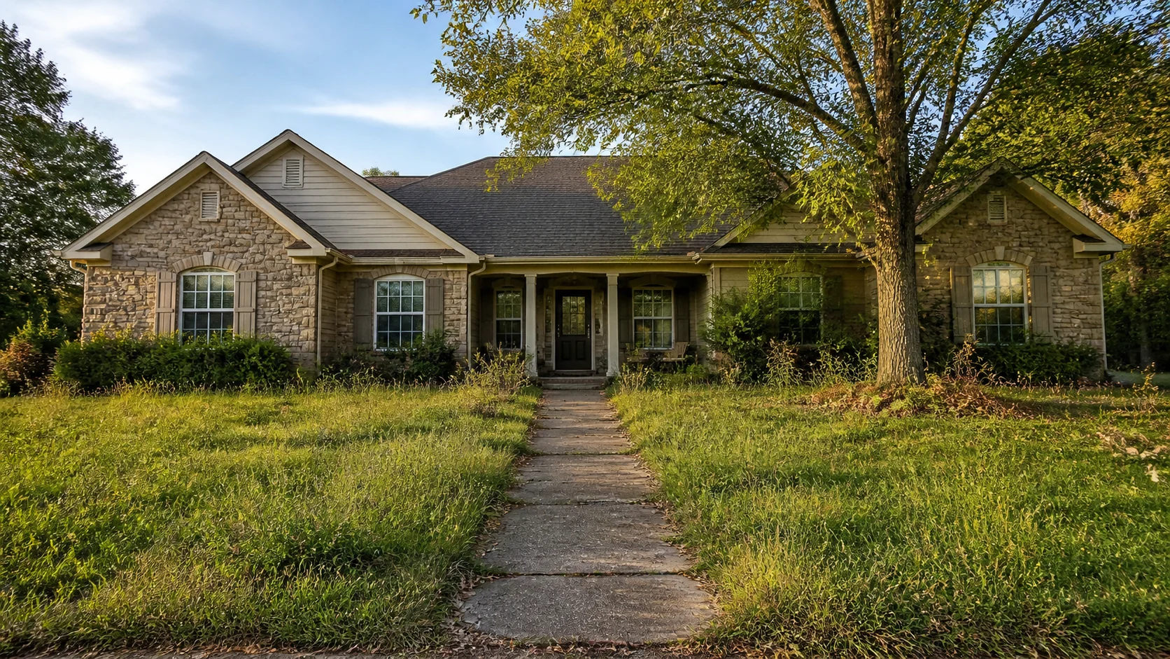 Overgrown lawn and landscaping before service
